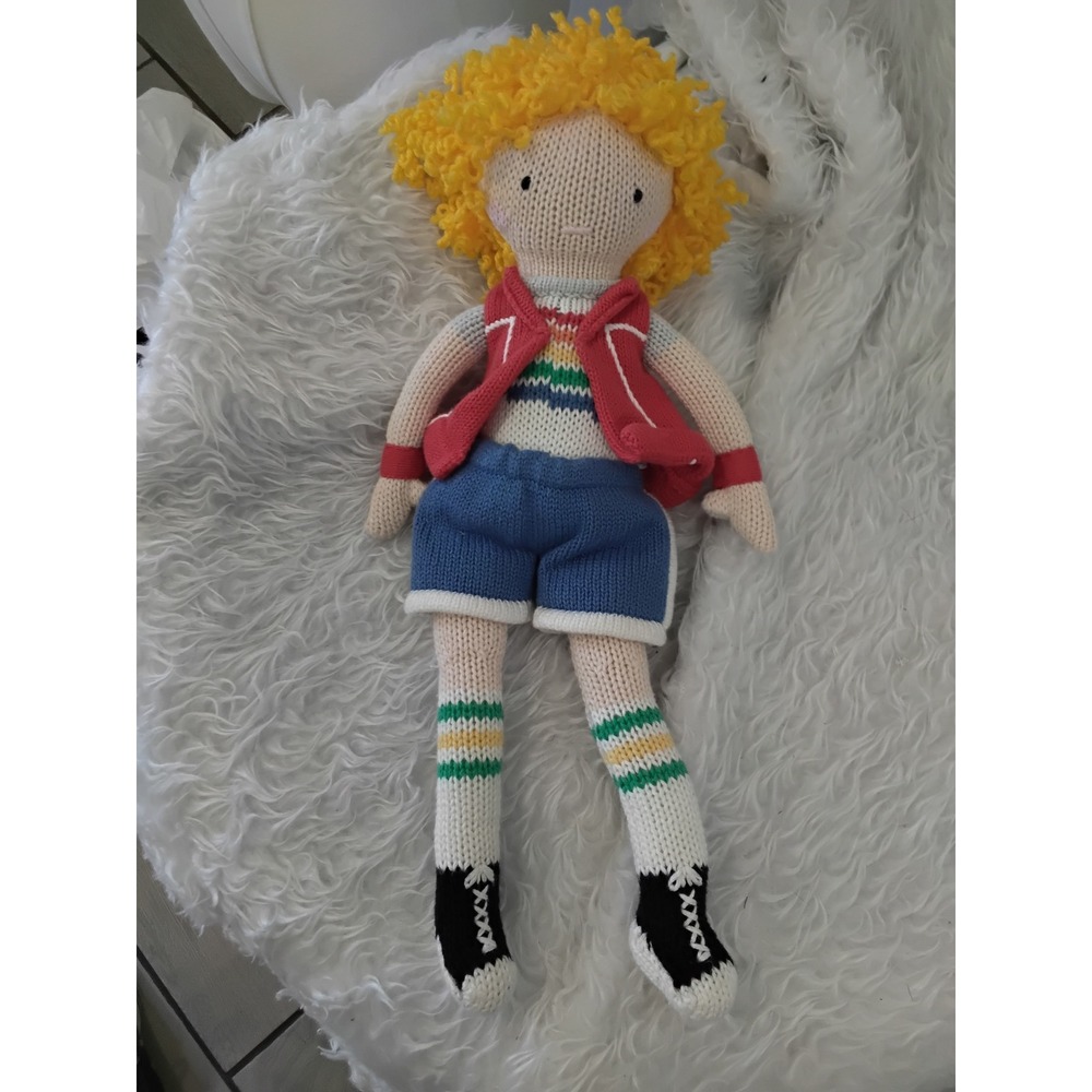 The Land of Nod Knit Doll Yellow Hair Rainbow Shirt Red Vest 15 Inch Plush Toy